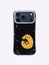 Bent yellow creature saving star crumbs at midnight on an iPhone 17 Pro Max case