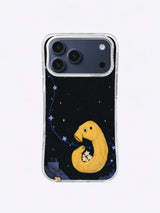 Midnight crumb thief beneath pale lavender star chips on an iPhone 17 Pro Max case