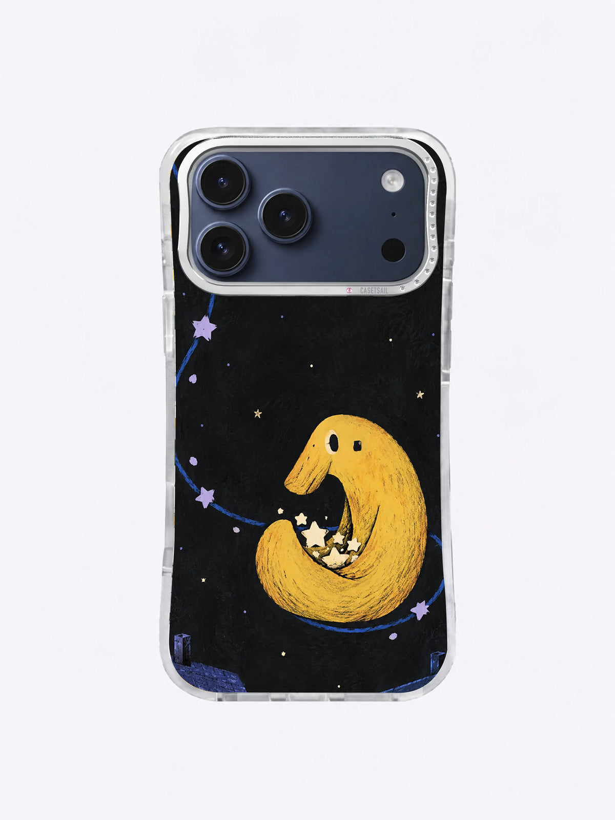 Yellow star crumb keeper over clipped blue rooftops on an iPhone 17 Pro Max case