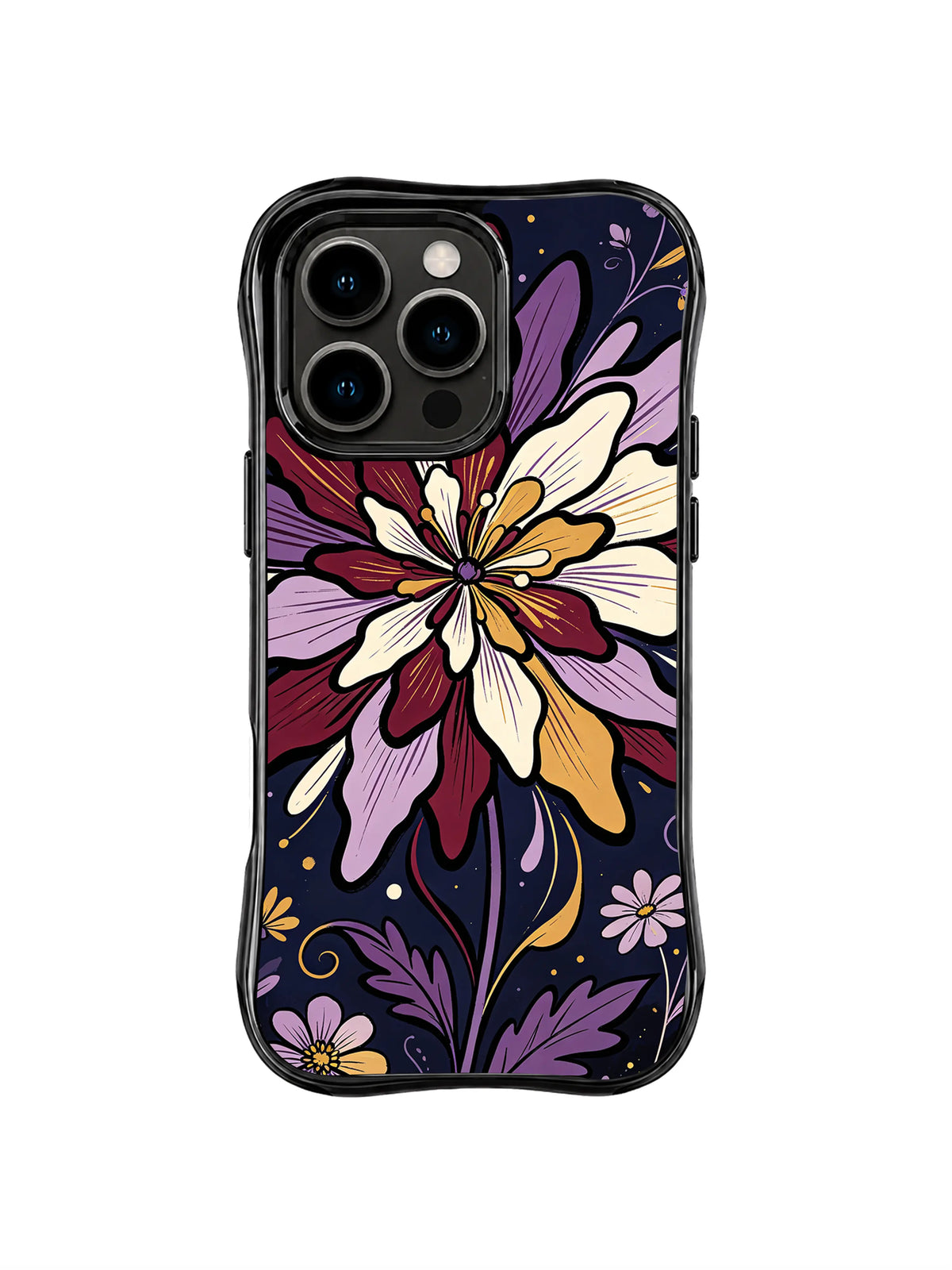 Nocturne Petal Burst: A layered cream, burgundy, lavender and ochre flower radiates above small blossoms on navy.