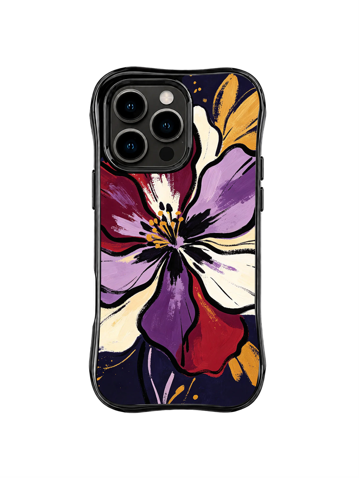 Crimson Moon Bloom: One oversized burgundy, lavender, cream and ochre bloom fills most of the dark field.