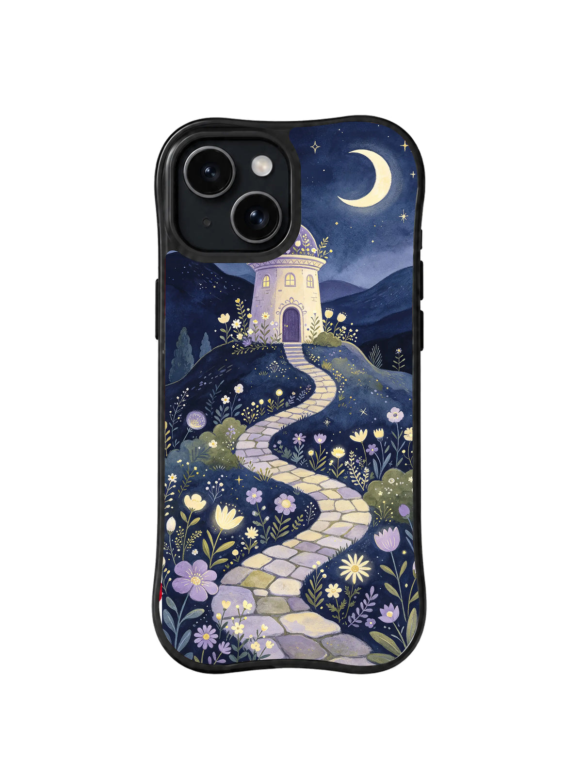 Crescent Moonflower Tower: A pale tower rises above flowers beneath a crescent moon.
