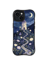 Indigo Observatory Trail: A stone trail climbs through indigo flowers to a tower.