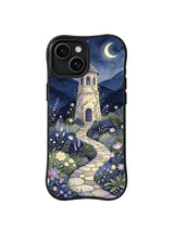 Starlit Garden Watchtower: A flower-covered watchtower stands beneath stars and a crescent.