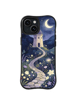 Moonlit Botanical Observatory: A moonlit path winds through flowers toward an observatory.
