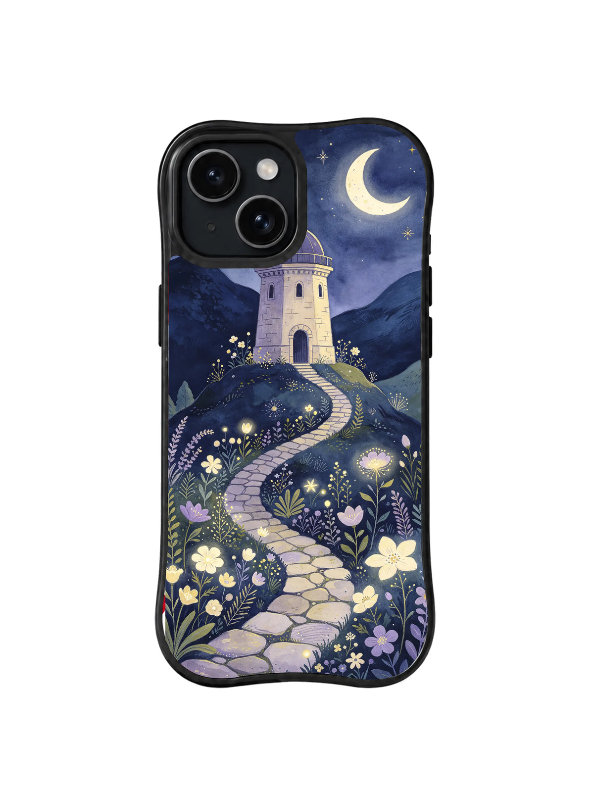 Moonlit Botanical Observatory: A moonlit path winds through flowers toward an observatory.