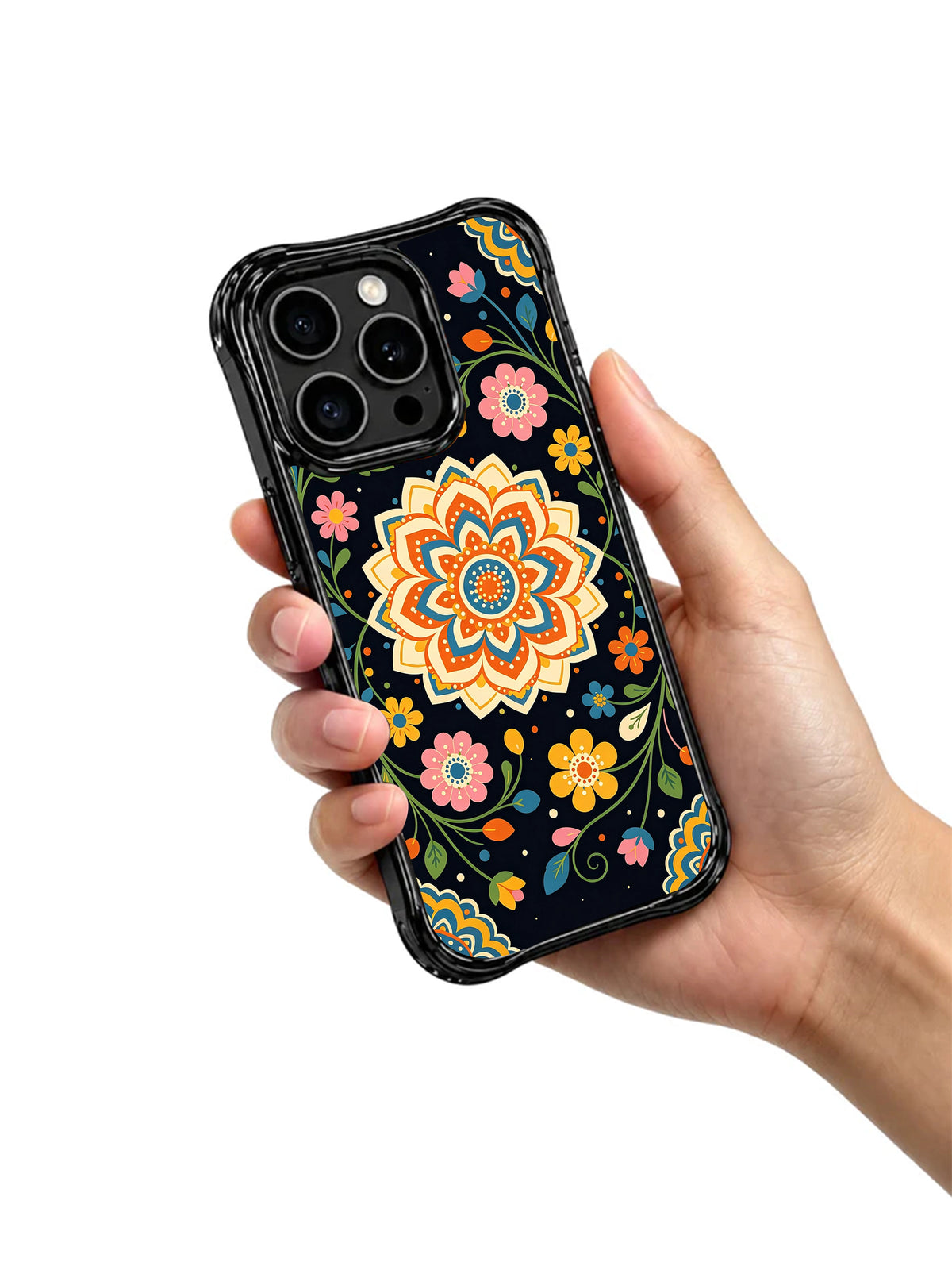 Midnight folk floral iPhone 15 Pro case held in hand