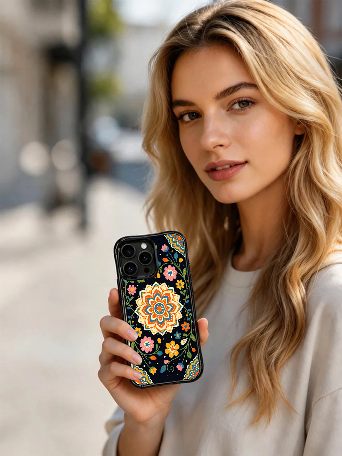 Midnight Folk Art Garden iPhone 15 Pro case lifestyle