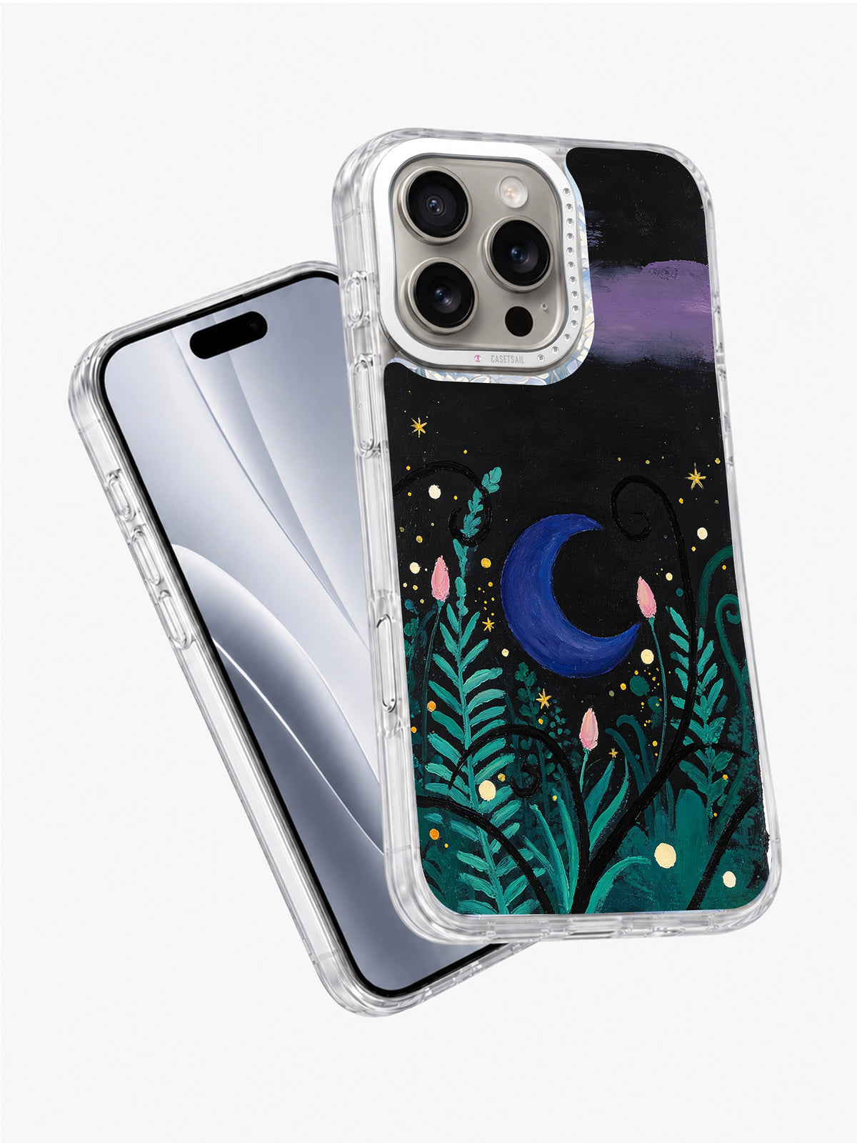 Dark floral moon iPhone 16 Pro case angled view