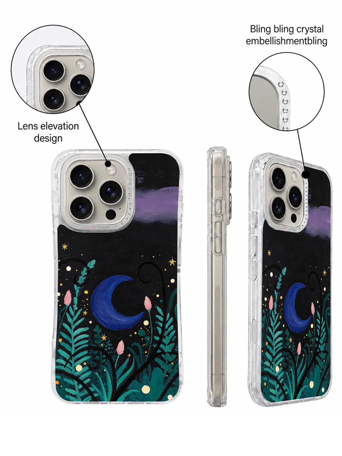 Crystal camera frame moon garden iPhone 16 Pro case detail
