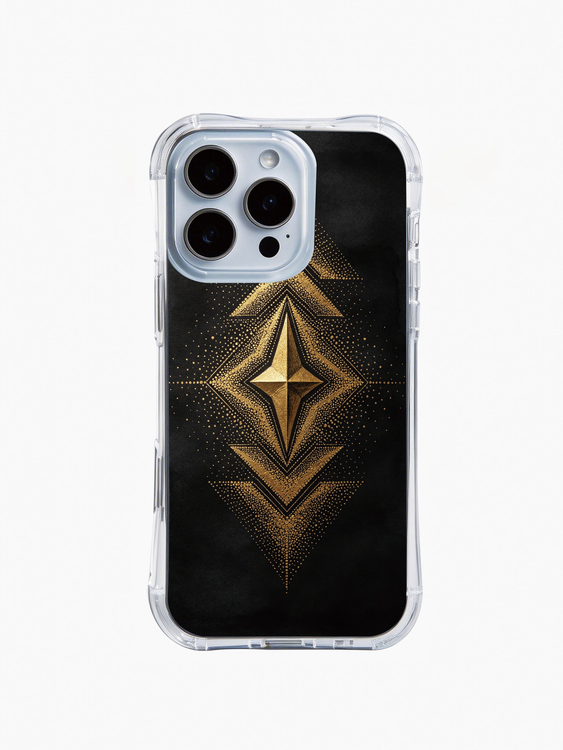  PhoneCasing iPhone 14 Pro Max Case showcasing midnight geometric gold design, slim clear protective case with bohemian tribal style.