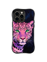 Pink leopard with green eyes and violet shading on a deep navy black iPhone 13 Pro Max case
