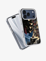 Angled front and back view of Midnight Library Wings artwork on a clear iPhone 17 Pro Max case