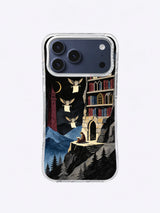 Midnight Library Wings iPhone case artwork with owl messenger, blank page, cliff library, and indigo mountains