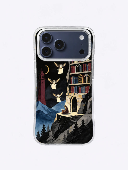 Midnight Library Wings iPhone case artwork with owl messenger, blank page, cliff library, and indigo mountains