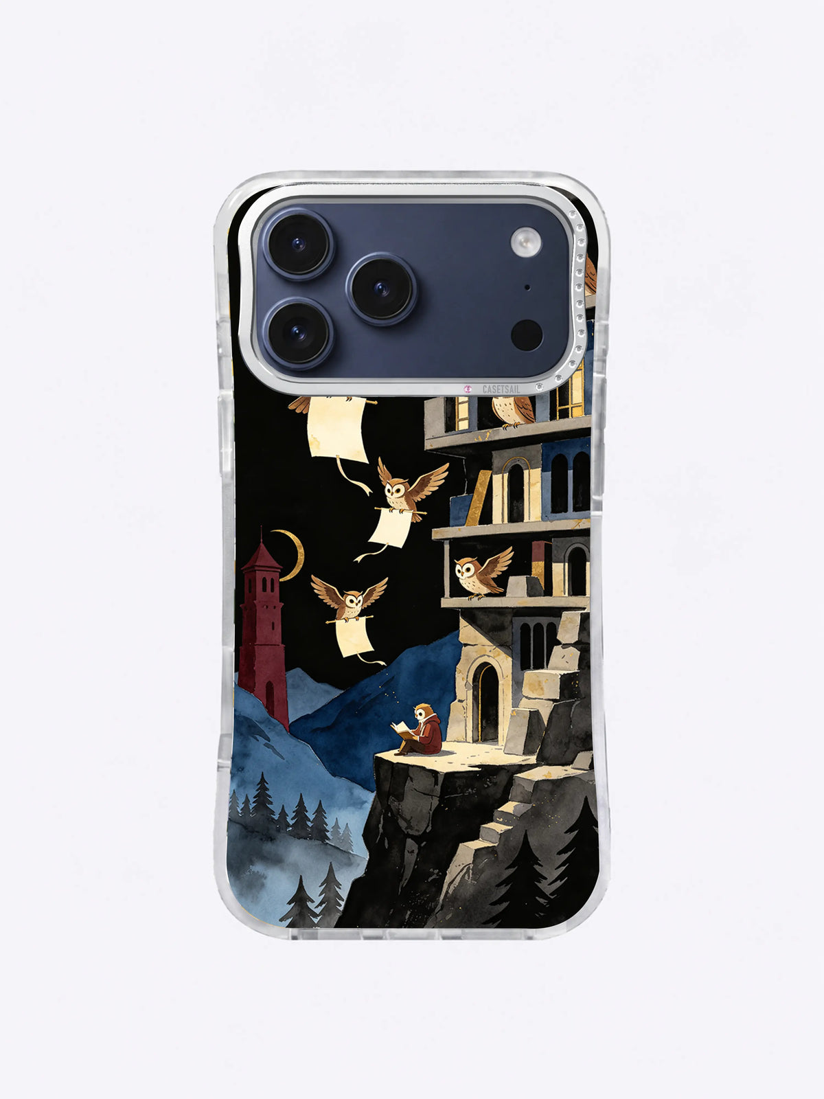 Brass crescent reader iPhone case artwork with cliffside books, owl messengers, and charcoal pines