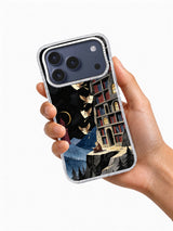Hand holding a clear iPhone 17 Pro Max case printed with Midnight Library Wings owl library artwork