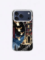 Indigo cliff library iPhone case artwork with flying owls, parchment pages, and oxblood tower accents