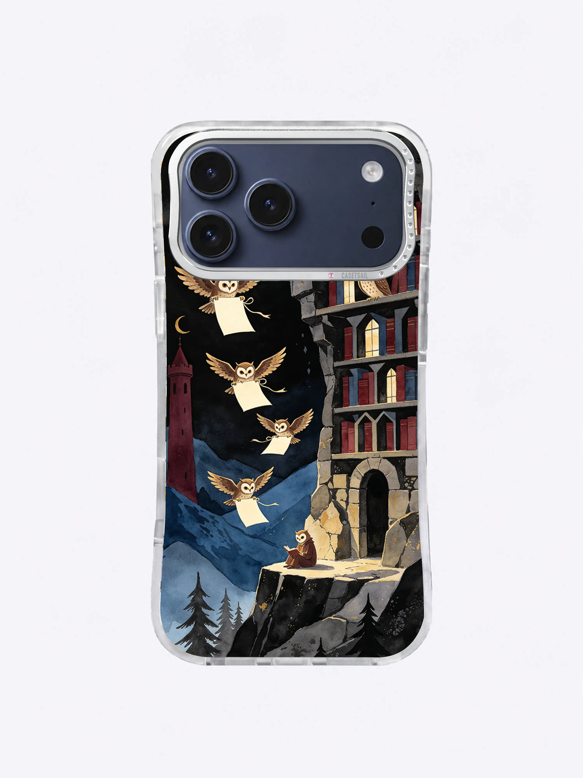 Indigo cliff library iPhone case artwork with flying owls, parchment pages, and oxblood tower accents