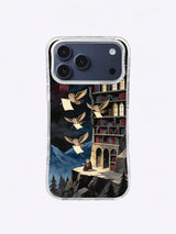 Midnight Question Wings iPhone case artwork with layered owls, ivory pages, indigo peaks, and library windows