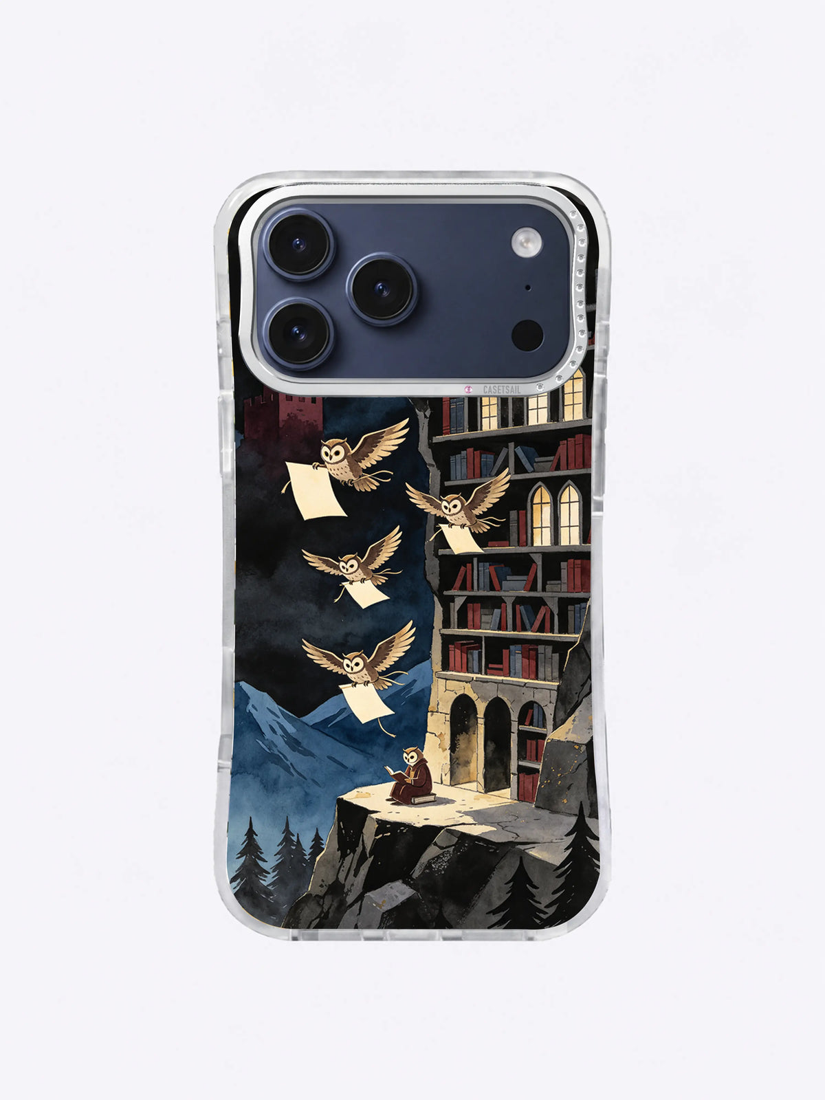 Midnight Question Wings iPhone case artwork with layered owls, ivory pages, indigo peaks, and library windows