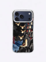 Oxblood tower flight artwork on iPhone case with pale owls crossing a dark mountain valley