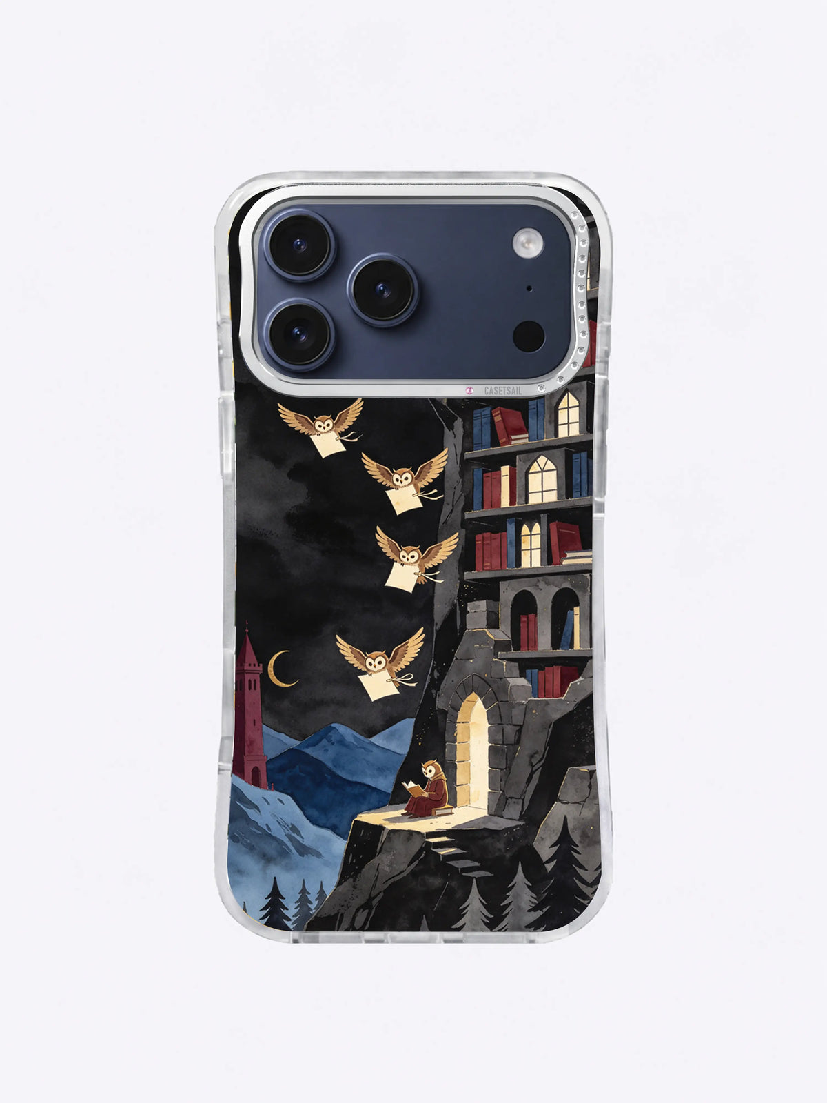 Oxblood tower flight artwork on iPhone case with pale owls crossing a dark mountain valley
