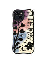 Moonlit Heart Vine: Black heart-shaped leaves climb beneath a crescent moon across pink, blue and cream washes.
