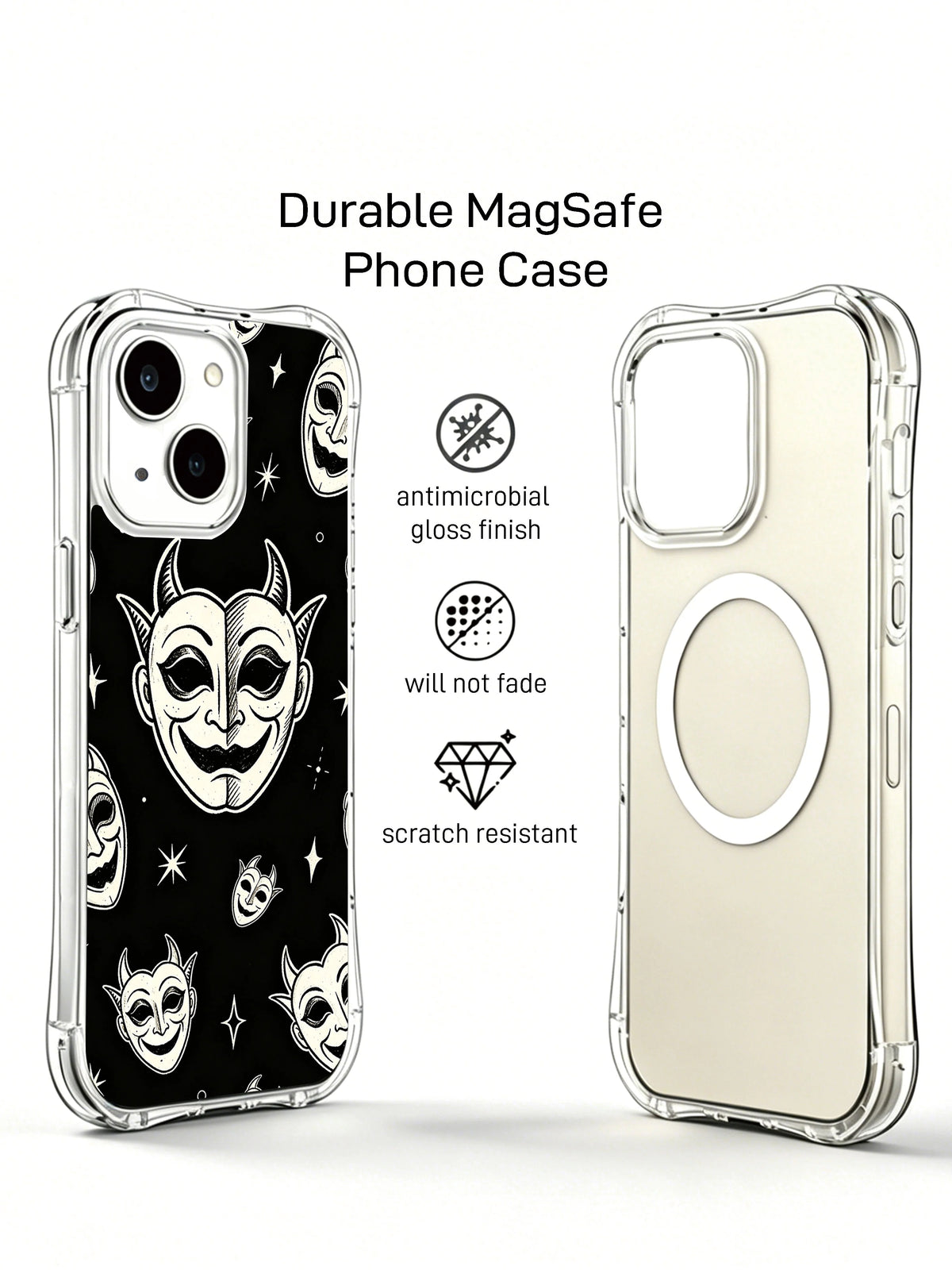 Vesper Wraith celestial mask iPhone 15 Plus case shown from front and back