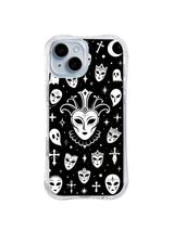 Horned Moon Masquerade black and white celestial pattern on iPhone 15 Plus case
