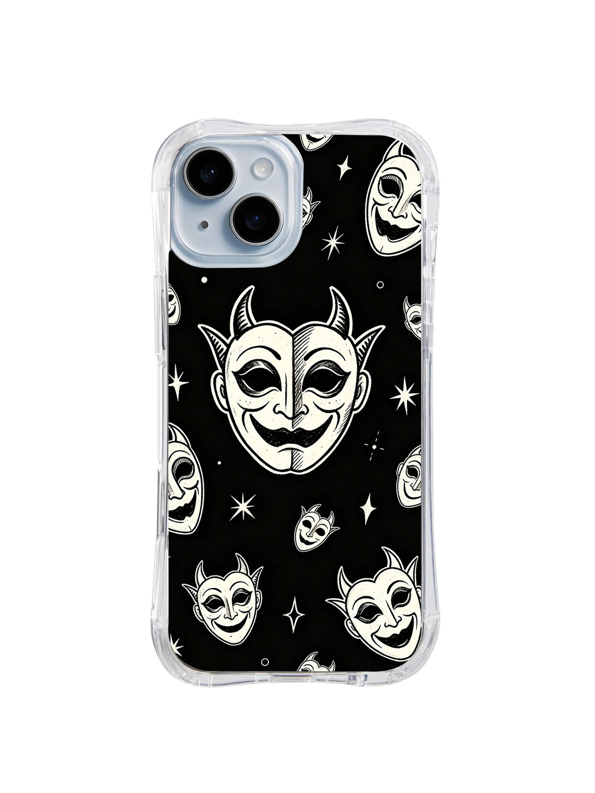Midnight Jester Chorus white mask pattern on black iPhone 15 Plus case