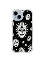 Solar Halo Mask monochrome sun face artwork on iPhone 15 Plus case