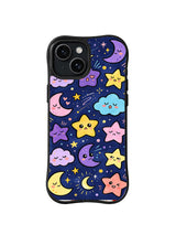 Crescent Star Sleepover: Smiling pastel crescents, stars and clouds in yellow, pink, purple and blue float on navy.