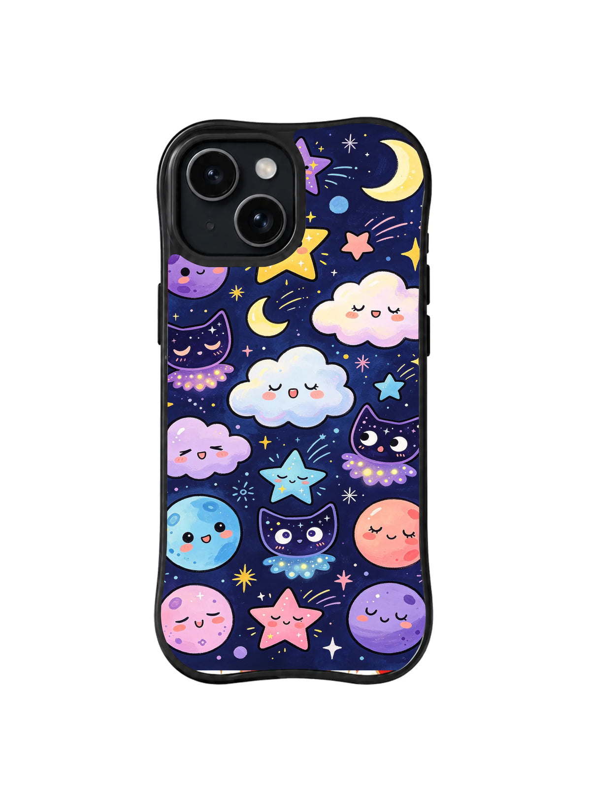Dream Guardian Sky: Large moons, stars, clouds and small celestial characters in pastel colors gather on deep blue.