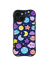Midnight Planet Friends: Smiling moons, stars, clouds and round planets in purple, pink, blue and yellow repeat on navy.