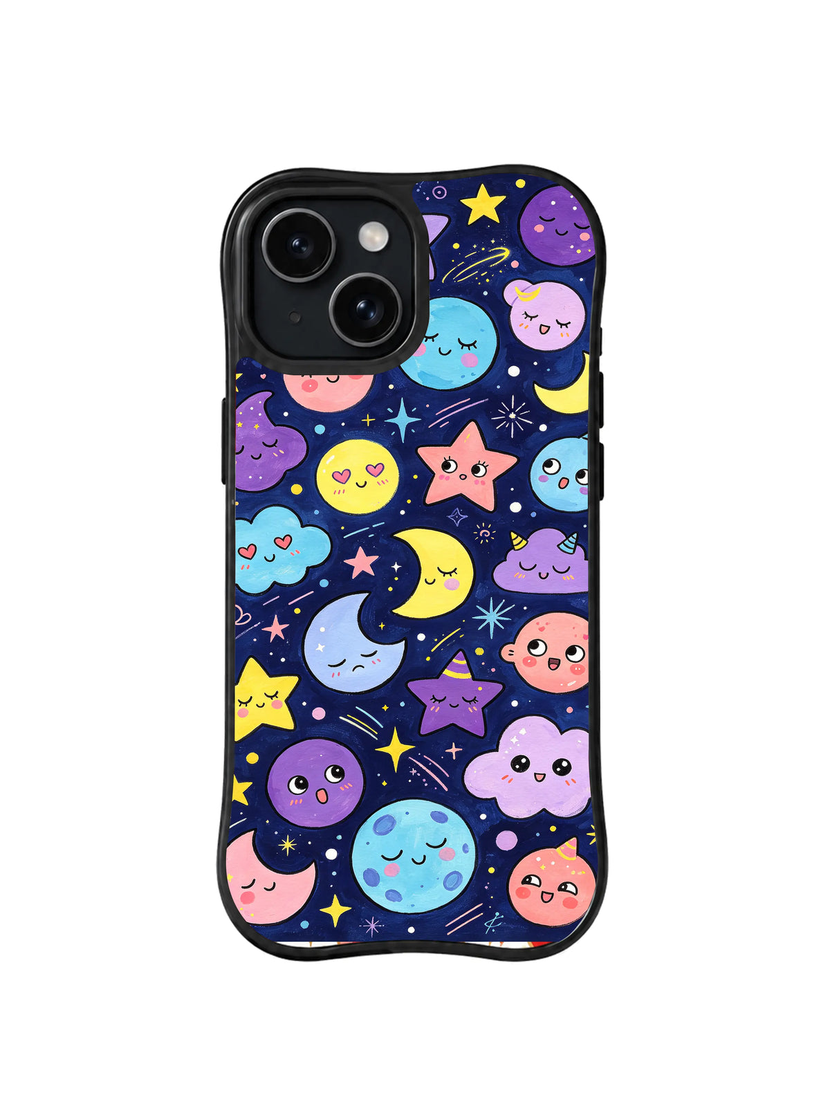 Midnight Planet Friends: Smiling moons, stars, clouds and round planets in purple, pink, blue and yellow repeat on navy.