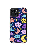 Moon Cloud Comfort Club: Large pastel crescents, stars and clouds overlap across a dark blue night field.