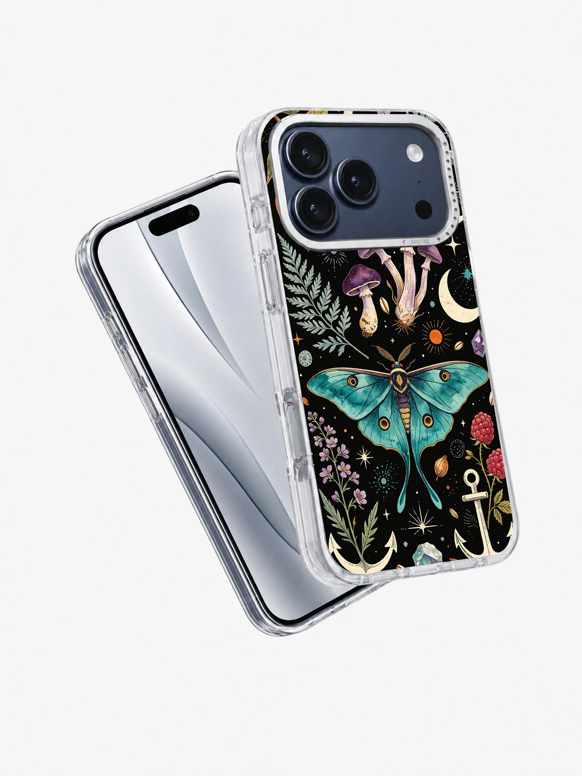 Angled phone-case view showing The Midnight Naturalist teal moth and botanical artwork on an iPhone 17 Pro Max case