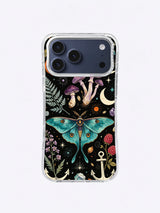 Teal Moth Fern Ledger artwork with invented teal moth, lavender mushrooms, sage ferns, raspberry flowers, ivory moon, and pale anchor on black