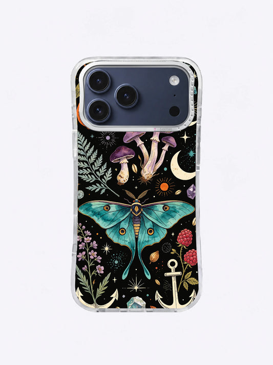 Teal Moth Fern Ledger artwork with invented teal moth, lavender mushrooms, sage ferns, raspberry flowers, ivory moon, and pale anchor on black