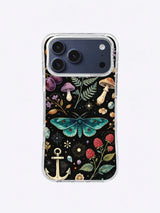 Raspberry Field Journal Moth artwork with compact teal moth, plum forms, mushrooms, raspberry flowers, ferns, moons, stones, and anchor motif