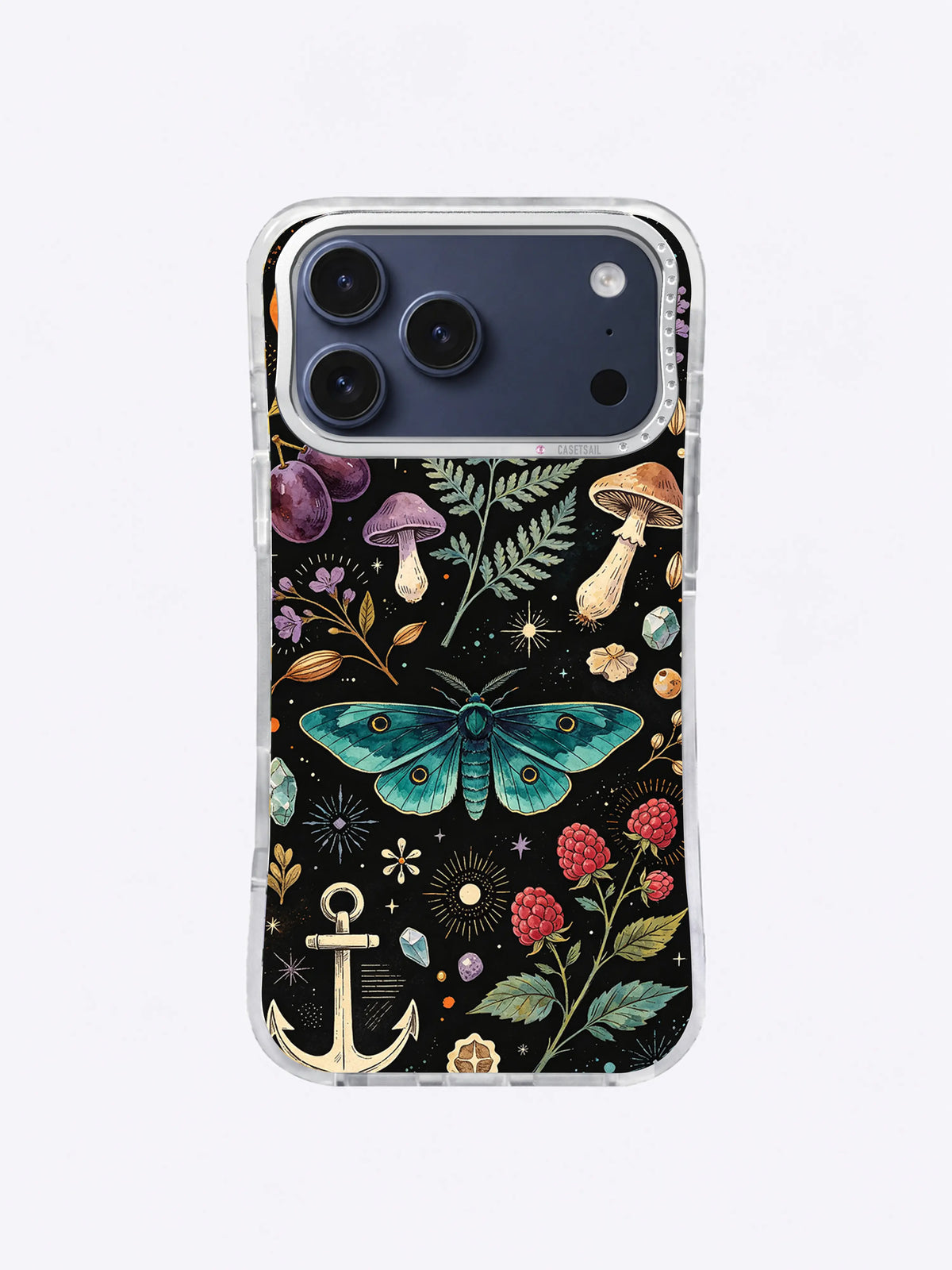 Raspberry Field Journal Moth artwork with compact teal moth, plum forms, mushrooms, raspberry flowers, ferns, moons, stones, and anchor motif