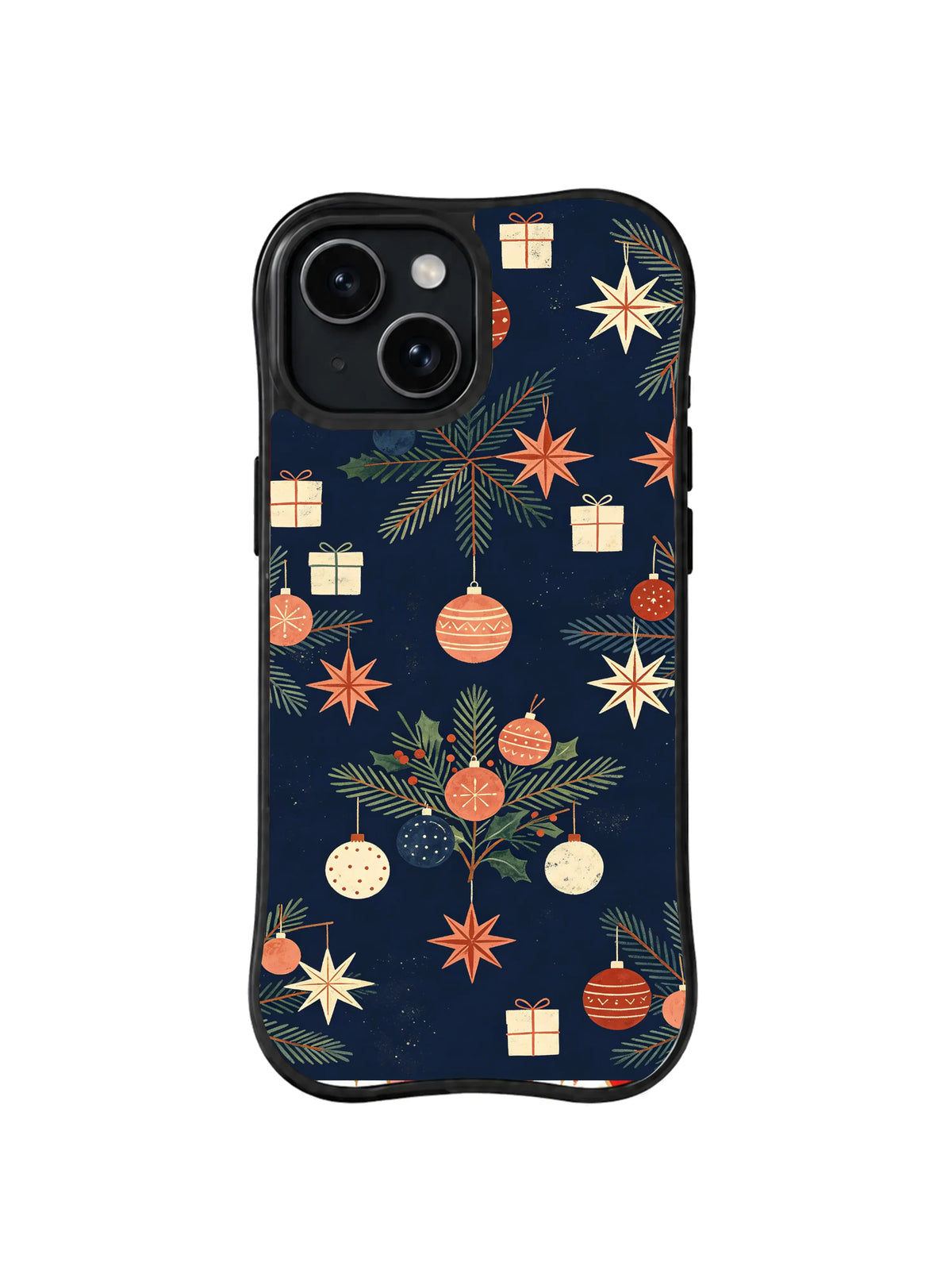 Hanging folk stars, red ornaments and pine sprigs on iPhone 15 case, pattern four