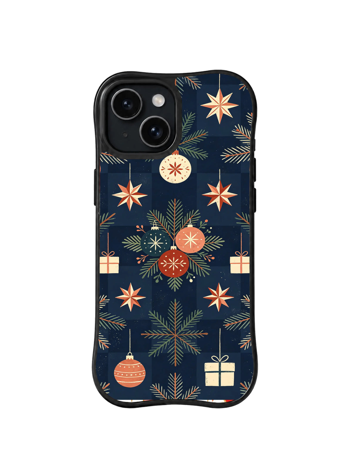 Antique cream stars and red-green ornaments on navy iPhone 15 case, pattern five