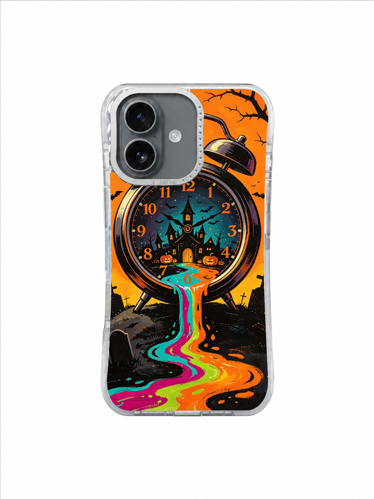 Midnight Overflow iPhone 17 case — haunted clock and neon time river artwork 1
