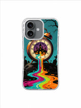 Midnight Overflow iPhone 17 case — teal graveyard clock and neon river artwork 3