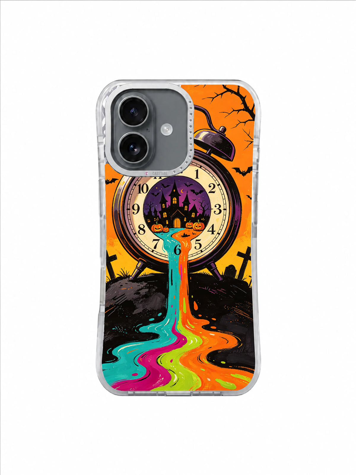 Midnight Overflow iPhone 17 case — orange sky clock castle artwork 4