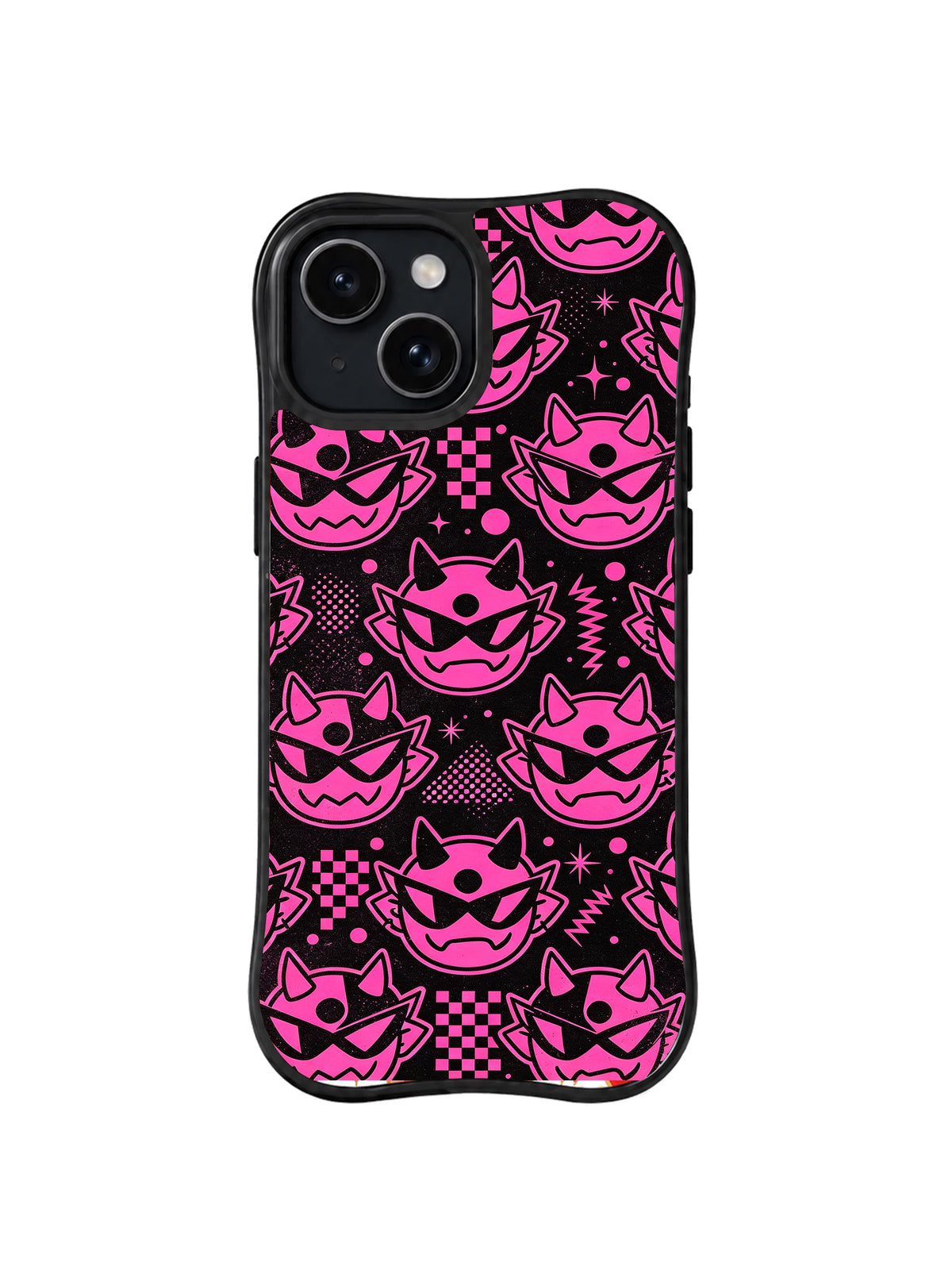 Pink Lightning Grins: Grinning pink visor faces alternate with lightning, checks and starbursts on black.
