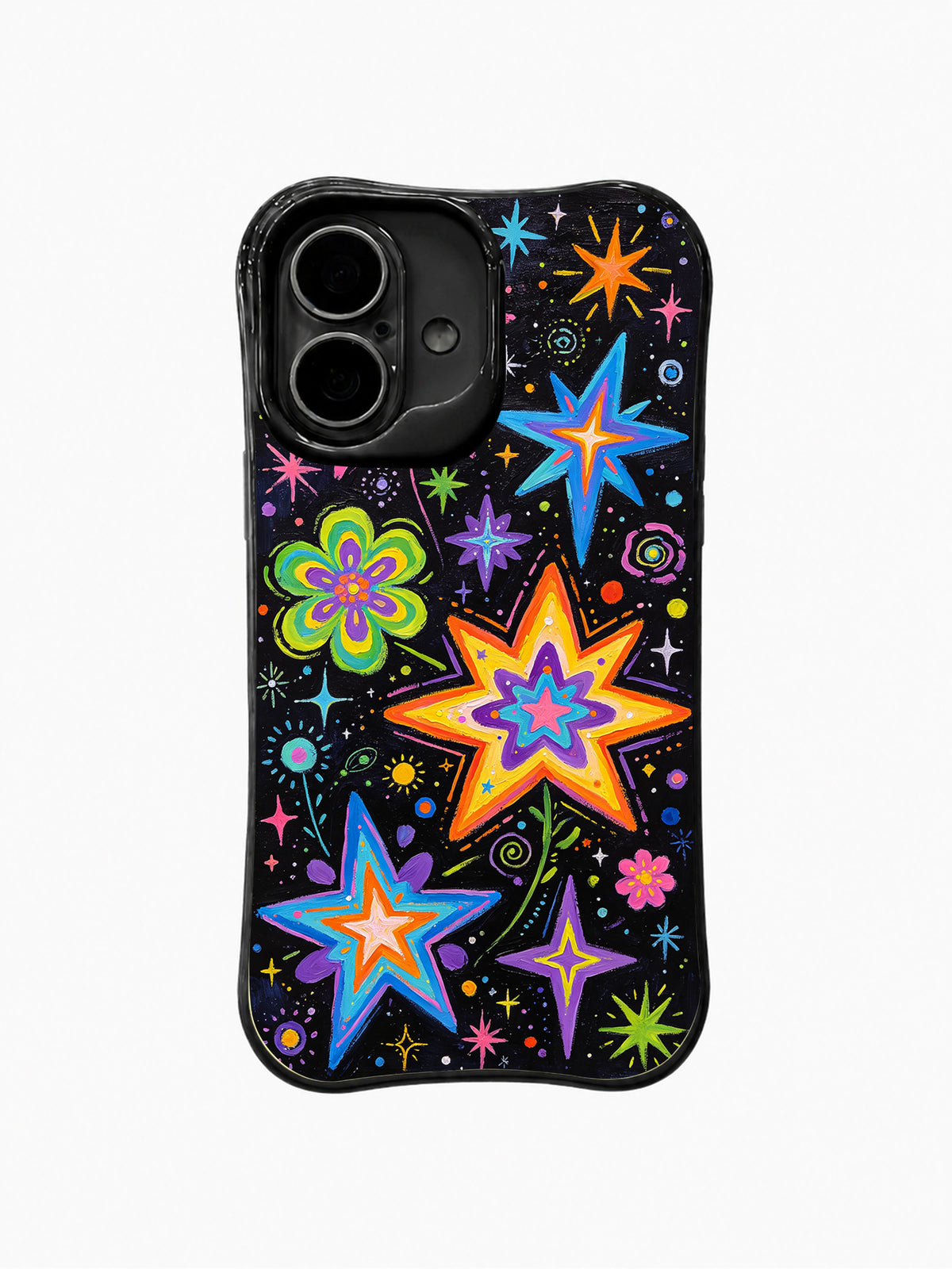 Neon Star Bloom Garden: Large neon starbursts mix with flower-like cosmic shapes on black.