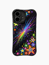 Rainbow Supernova Garden: A rainbow supernova beam rises through colorful stars on black.